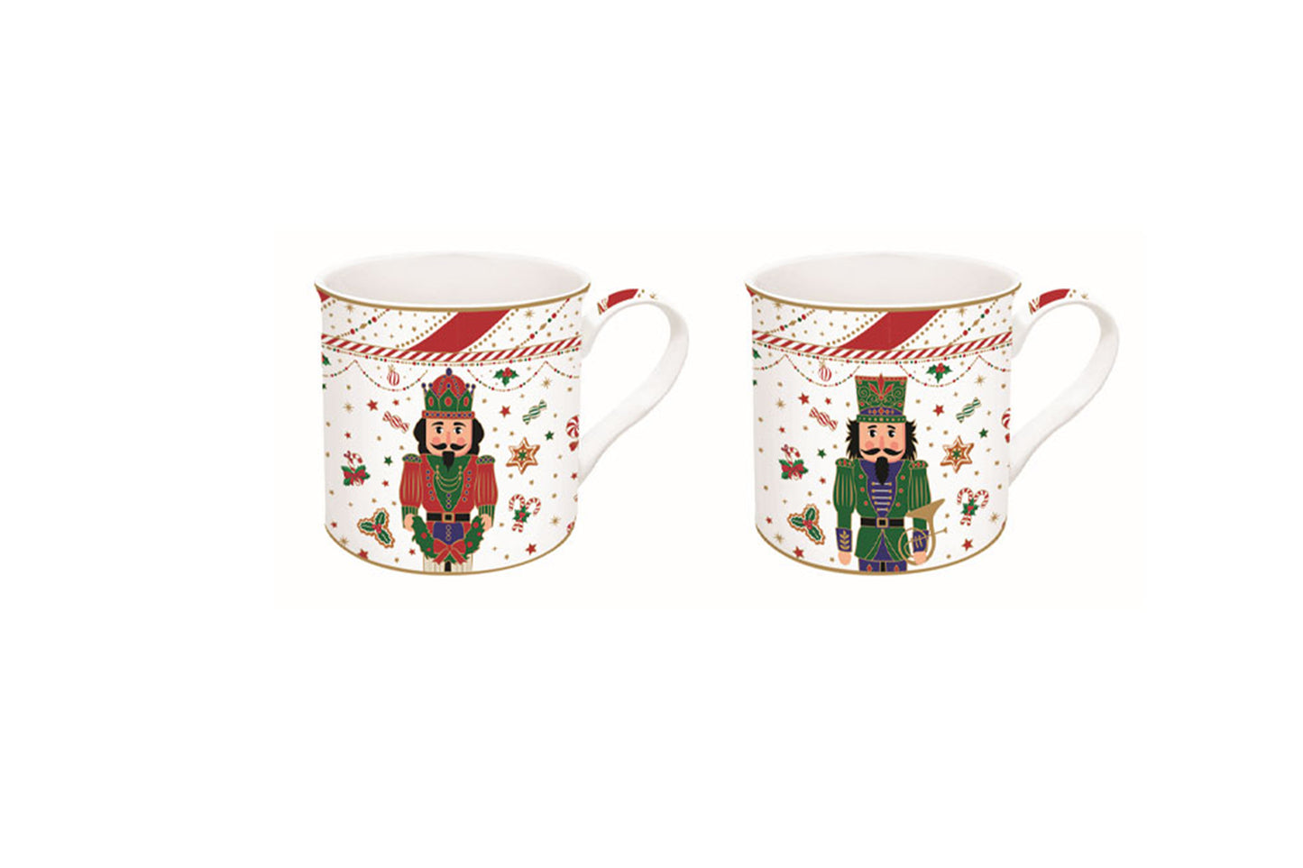 Easy Life Set 2 tazze mug per colazione di natale in porcellana con schiaccianoci vintage "Nutcracker Twist" 300 ml.