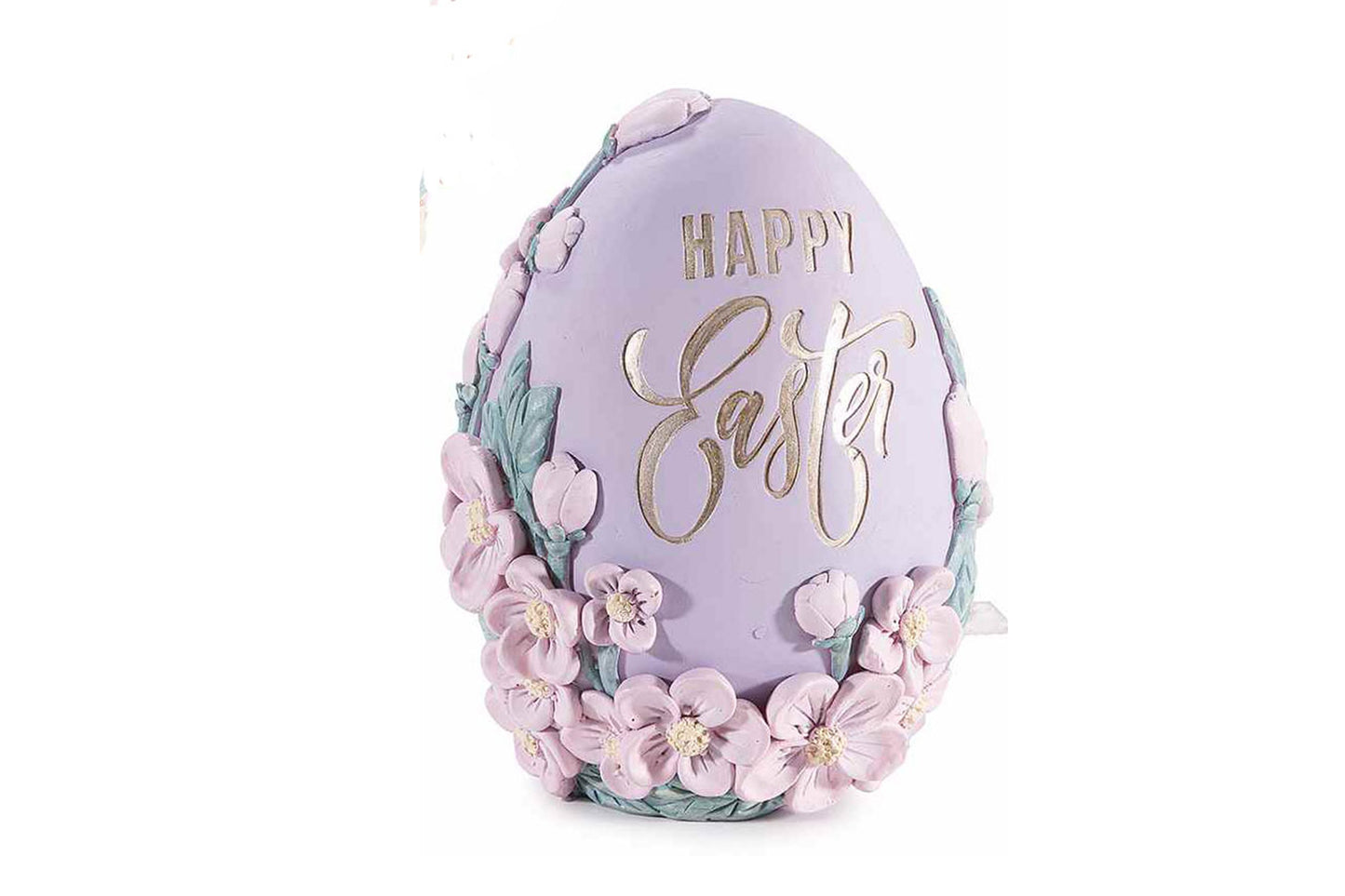 Uovo in resina "Happy Easter" con fiori in rilievo
Misure: Ø 11,5 cm x 15 H