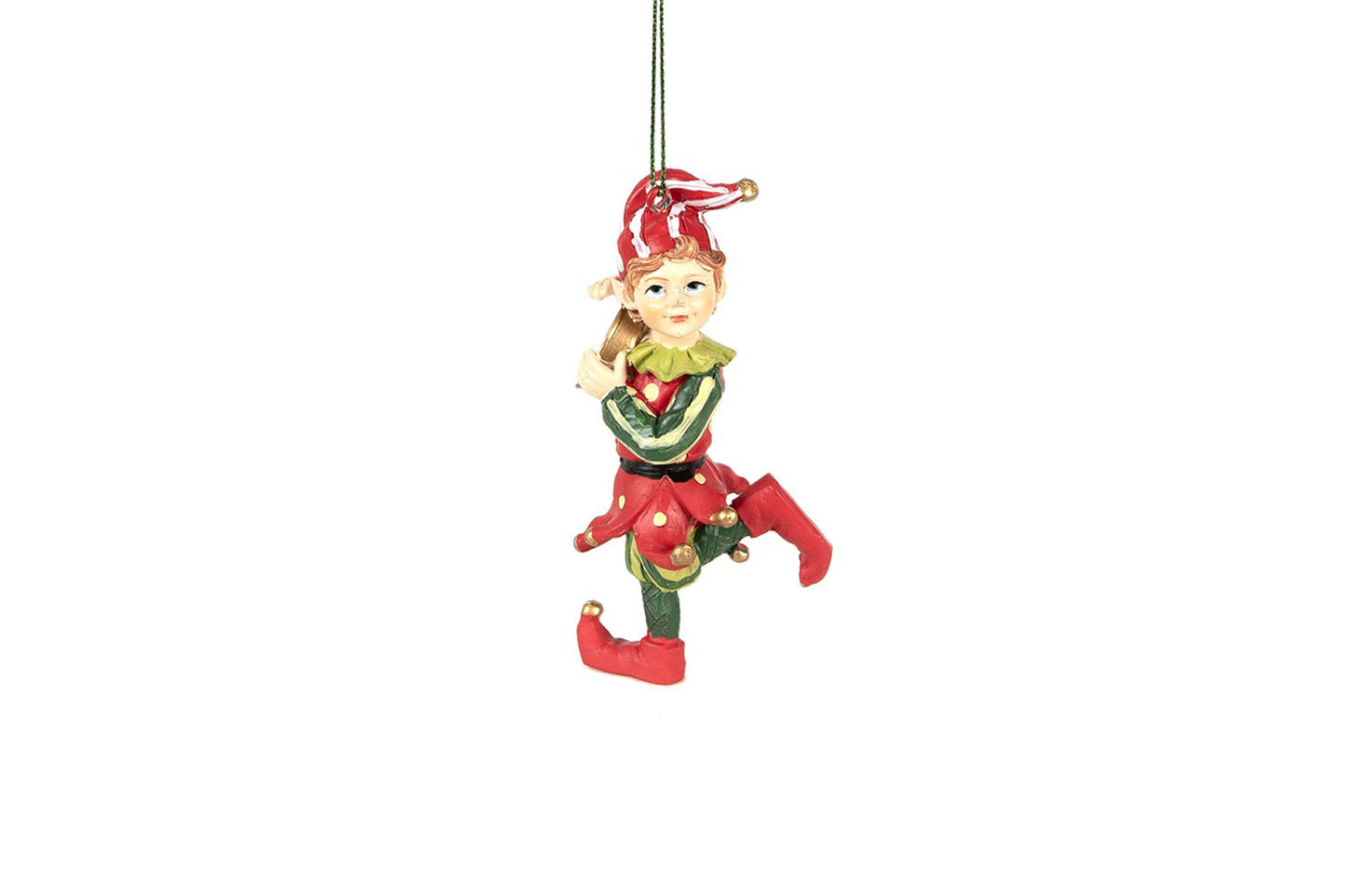 Decorazione natalizia Elfo con tamburo e vestito a pois realizzato in resina 11 cm
