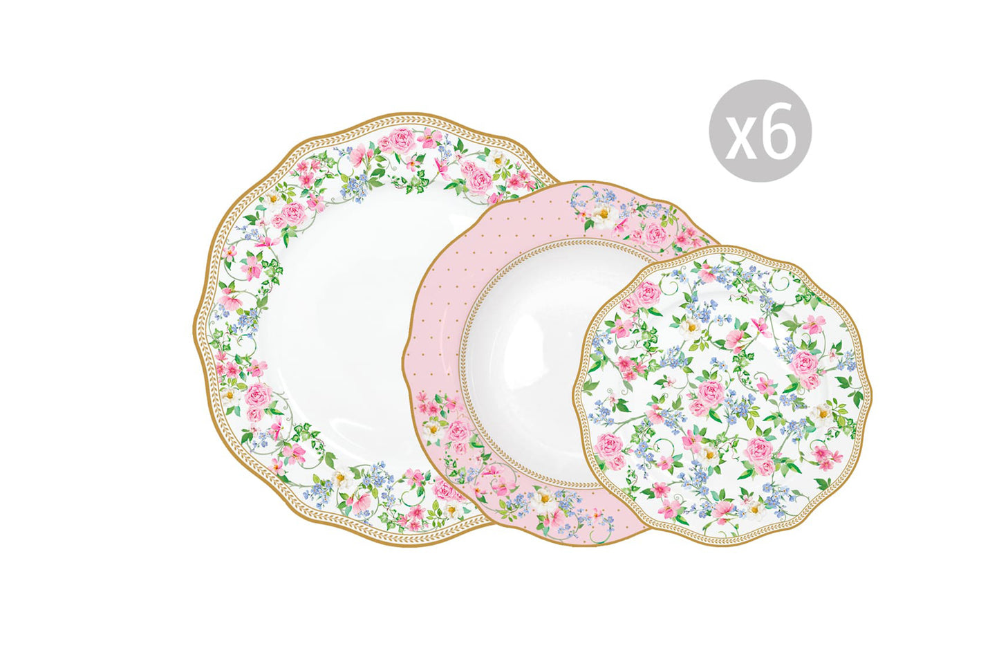 Servizio di piatti 18 pezzi in fine porcellana della linea Garden Joy di Easy Life
Piatto piano Ø 26 cm GARDEN JOY × 6
Piatto fondo Ø 23 cm GARDEN JOY × 6
Piatto Ø 20 cm GARDEN JOY × 6