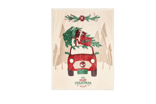 Plaid beige natalizio con macchina e albero 130x160