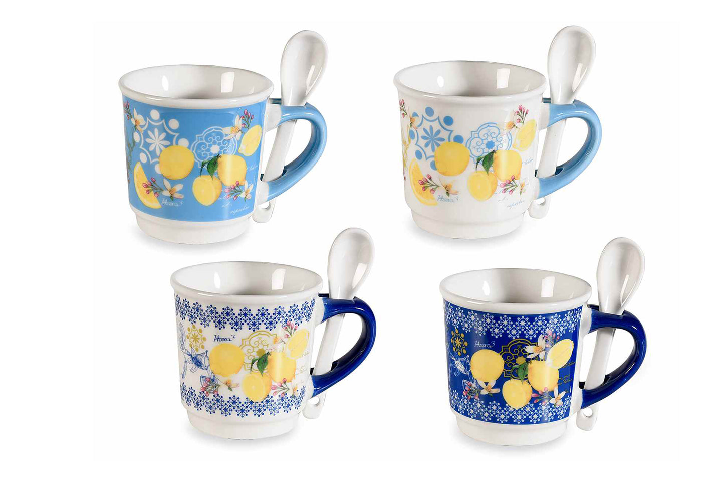 Set 4 tazzine da caffè in porcellana "Agrumi" con cucchiaino. Capacità: 90 ml - Con design a 360°