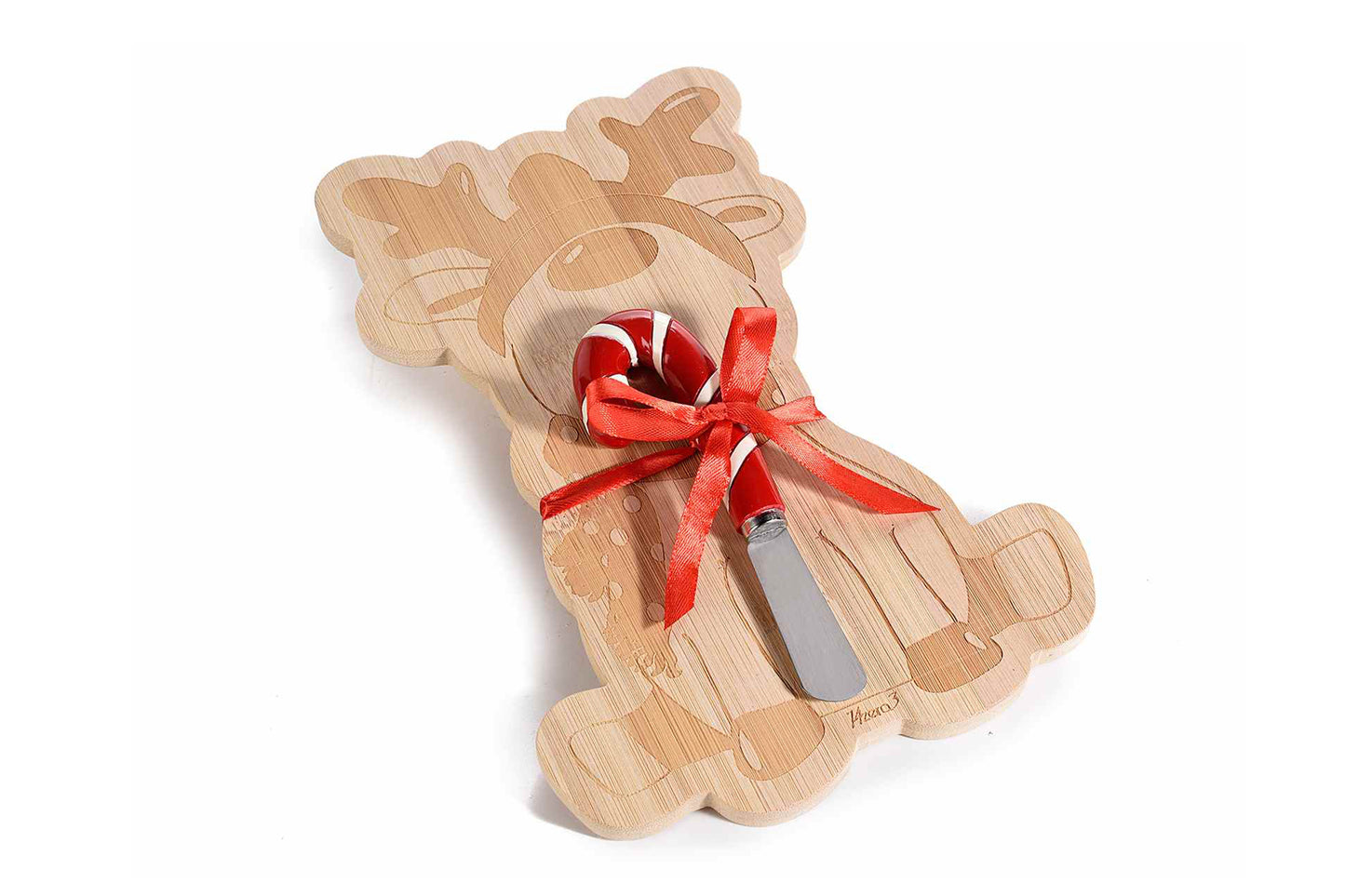 Set tagliere in legno a forma di renna con coltellino. Misura cm 17 x 26 H