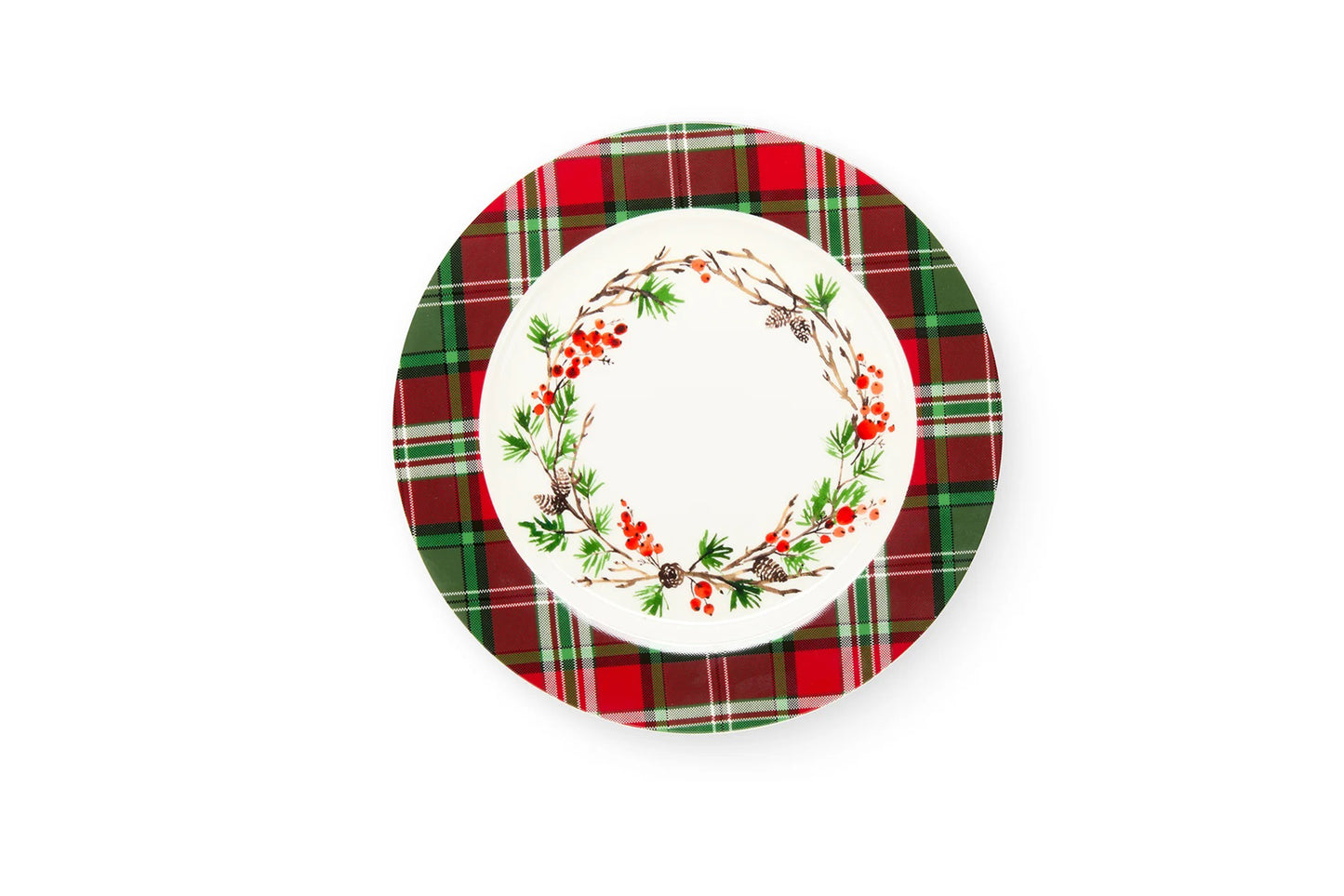 Servizio di piatti natalizio per 6 persone Queen Mary. Composto da 18 pezzi: 6 piatti piani, 6 piatti fondi e 6 piatti frutta/dolce. Diametro piatto piano 27 cm – Diametro piatto fondo 22 cm – Diametro piatto frutta / dolce 19 cm