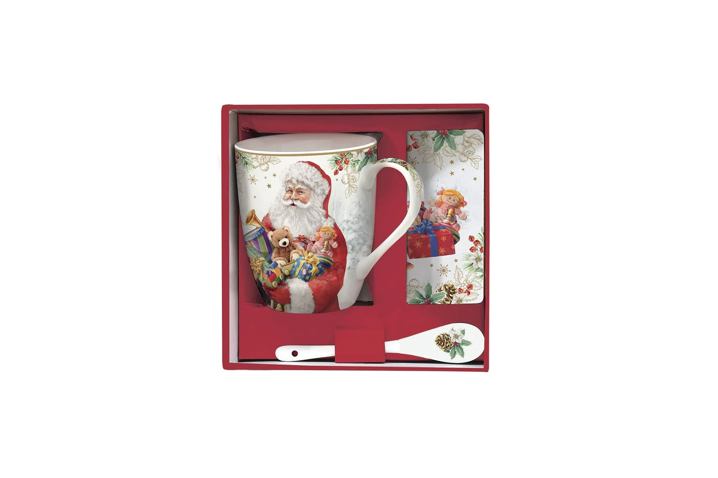 Mug in porcellana con cucchiaino e sottotazza in sughero. Cpacità 350 ml. Linea Santa is coming di Easy Life