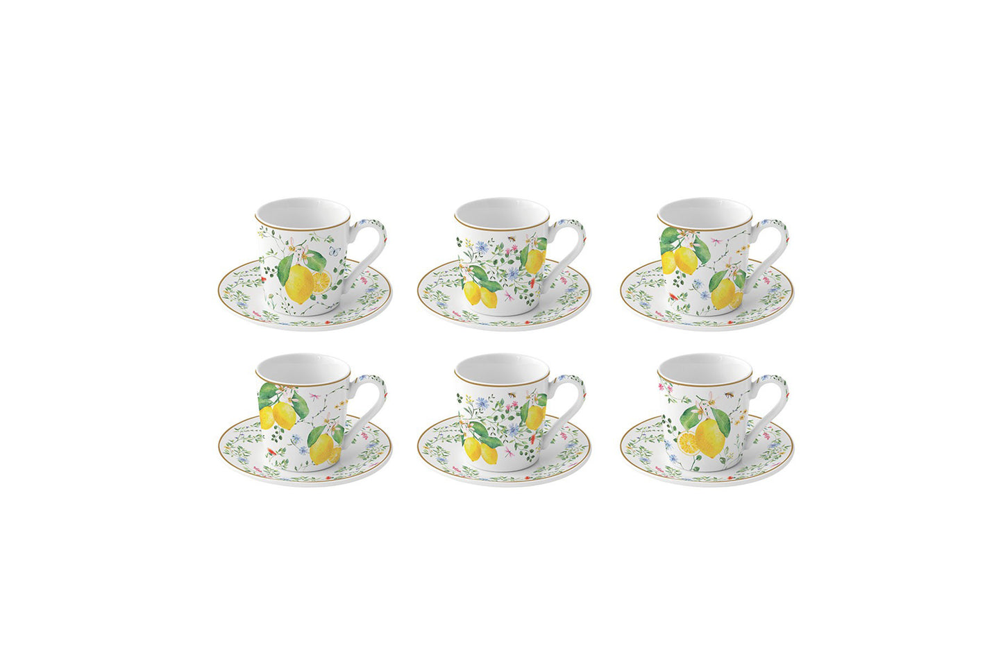 Easy Life Set sei tazzine da caffè con piattino in porcellana 100 ml Collezione Fleurs et citrons