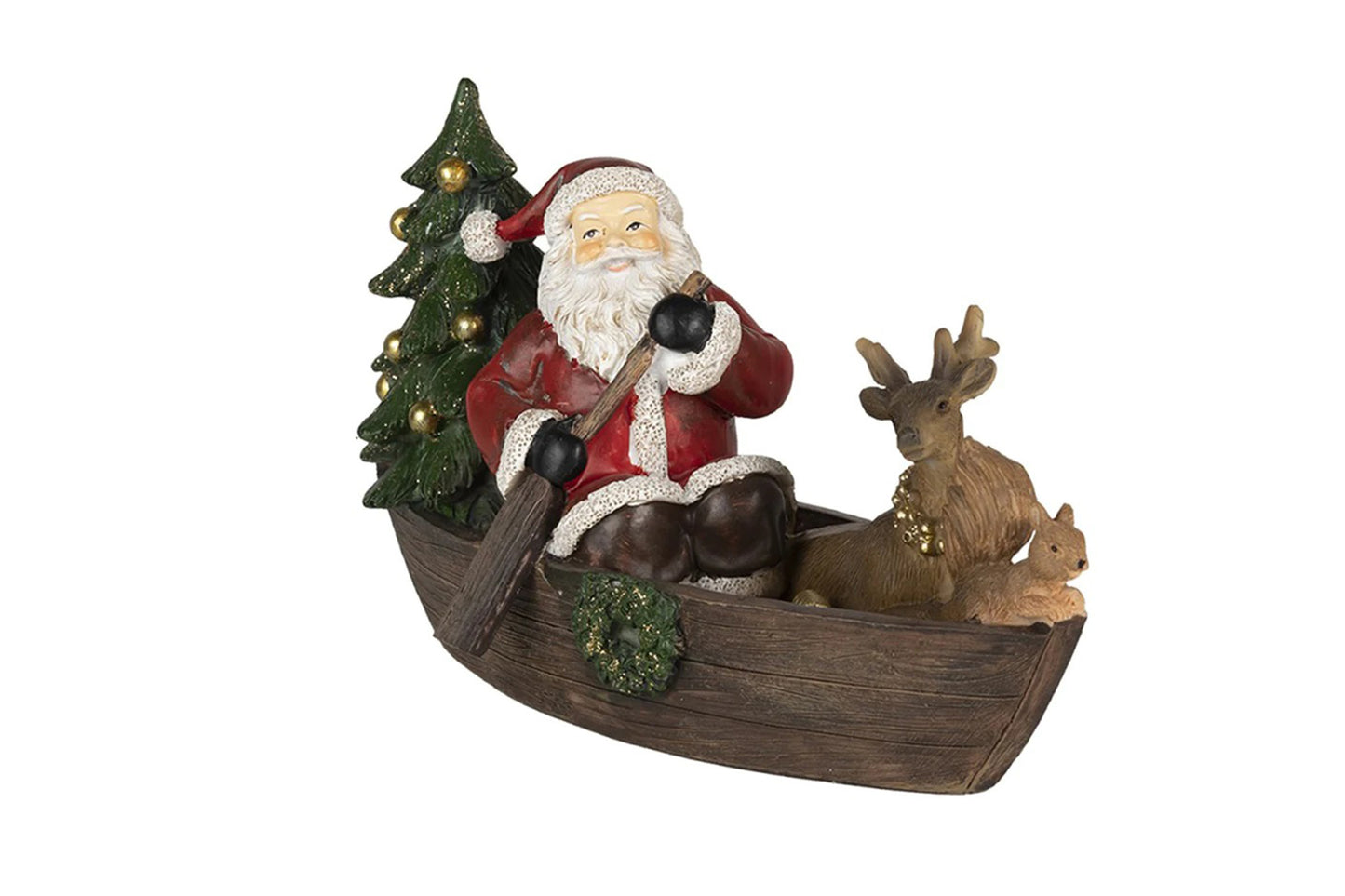 CLAYRE E EEF Decorazione Natalizia Statuetta Babbo Natale con renna su barca 22x10x13 cm