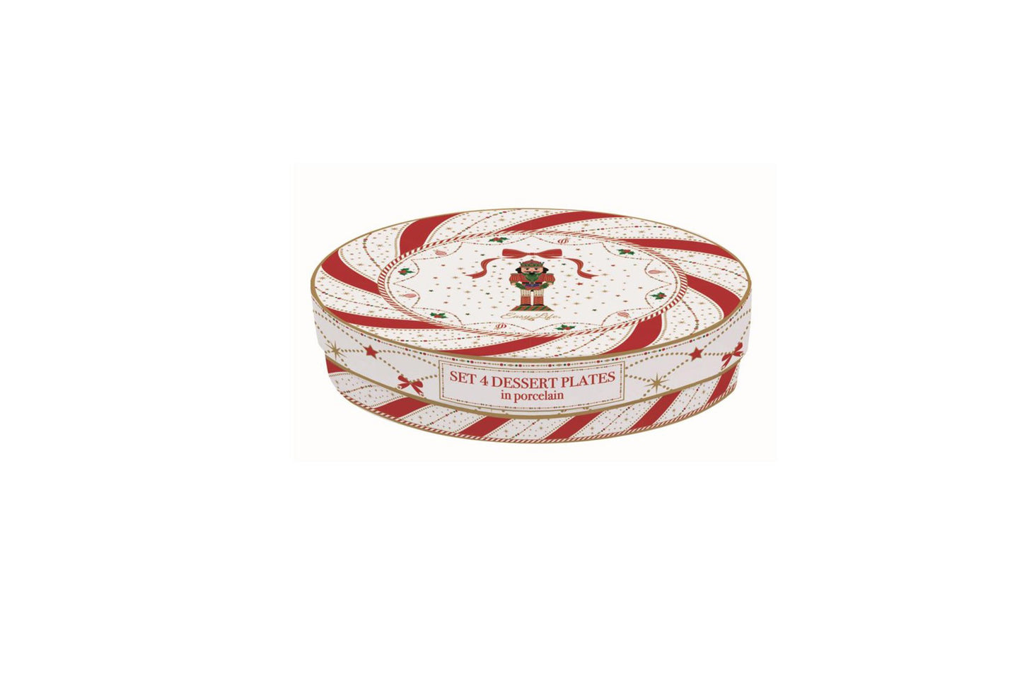 EASY LIFE Nutcracker Twist Schiaccianoci. Set 4 piatti dessert in porcellana in scatola reagalo. Diametro piatto 19 cm.