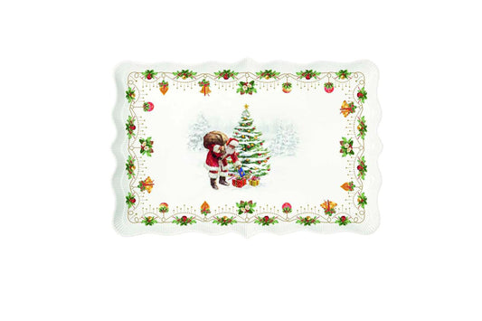 Easy Life Vassoio rettangolare di natale in porcellana con Babbo natale e albero vintage "Nostalgic Christmas" 35x23,5 cm.