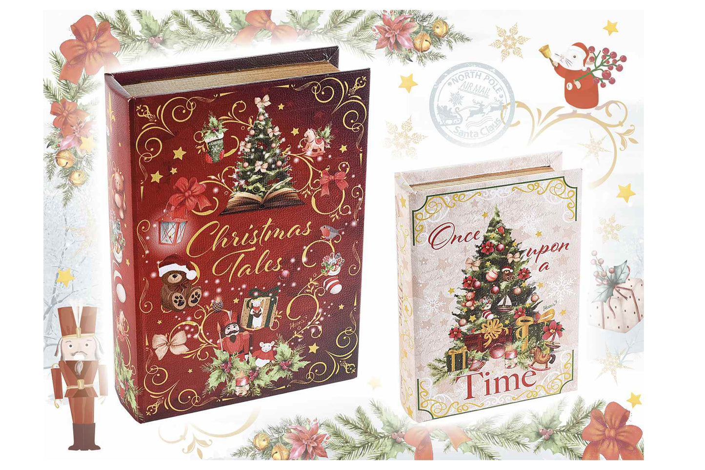 Set due scatole a libro di Natale in legno foderato "Favola di Natale". Misure: Grande: cm 17,5x25x5,5 H
Piccolo: 13 x 18 x 4 H - Con rivestimento effetto pelle