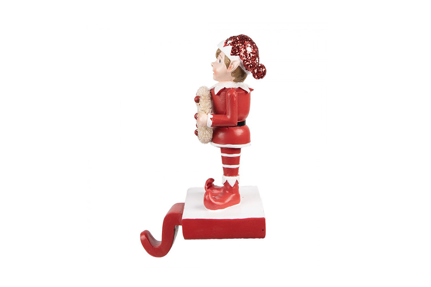 Elfo natalizio con gancio per calza realizzato in resina H 20 cm