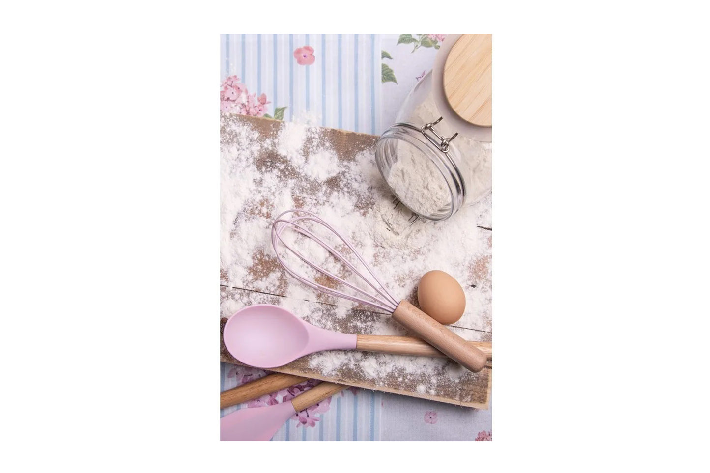 Clayre & Eef Set di utensili da cucina da 12 pezzi con organizzatore Ø 8x32 cm Rosa Silicone