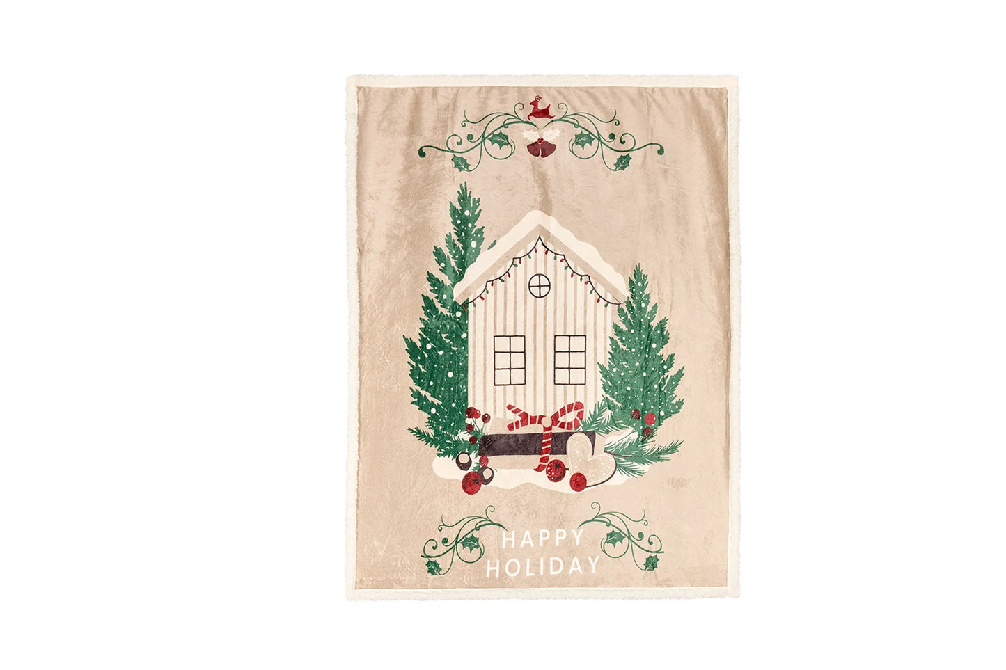 Plaid natalizio beige in pile con casetta e alberi natalizi 130x160