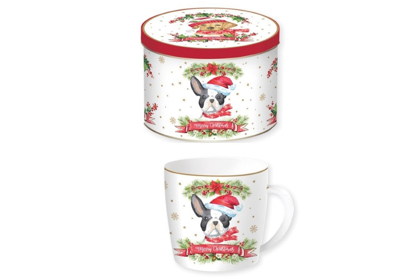 Tazza in porcellana in scatola di latta della collezione " Christmas dog" di Easy Life