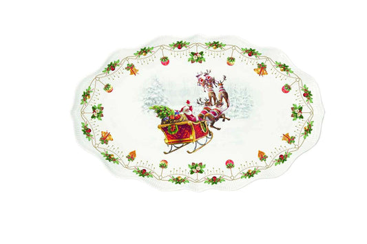 Easy Life Vassoio ovale di natale in porcellana con Babbo natale in slitta vintage "Nostalgic Christmas" 40x25,5 cm.