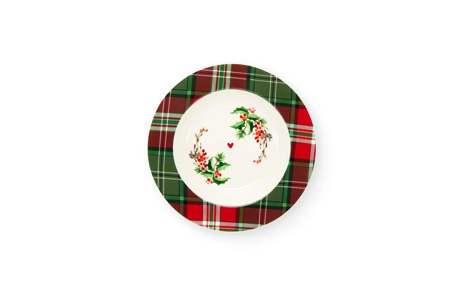 Servizio di piatti natalizio per 6 persone Queen Mary. Composto da 18 pezzi: 6 piatti piani, 6 piatti fondi e 6 piatti frutta/dolce. Diametro piatto piano 27 cm – Diametro piatto fondo 22 cm – Diametro piatto frutta / dolce 19 cm