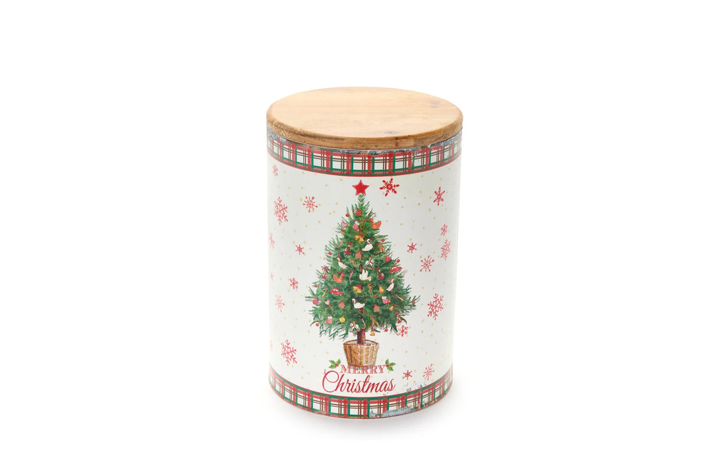 Barattoli in latta con stampa Merry Christmas.Barattolo albero di natale Larghezza 14 x Profondità 14 x Altezza 20 cm. Barattolo Santa Claus Larghezza 17 x Profondità 17 x Altezza 22 cm