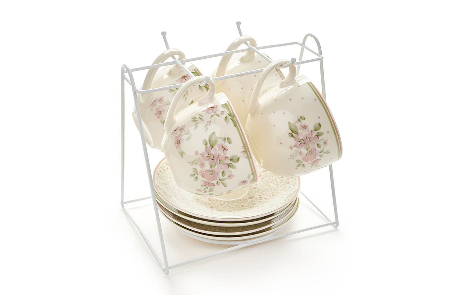 Nuvole di stoffa Set 4 tazze da the con piattino Wendy con espositore
Misure: 8,7 x 3,9 x 6,8 cm
Realizzate in porcellana new bone.
Espositore in metallo incluso