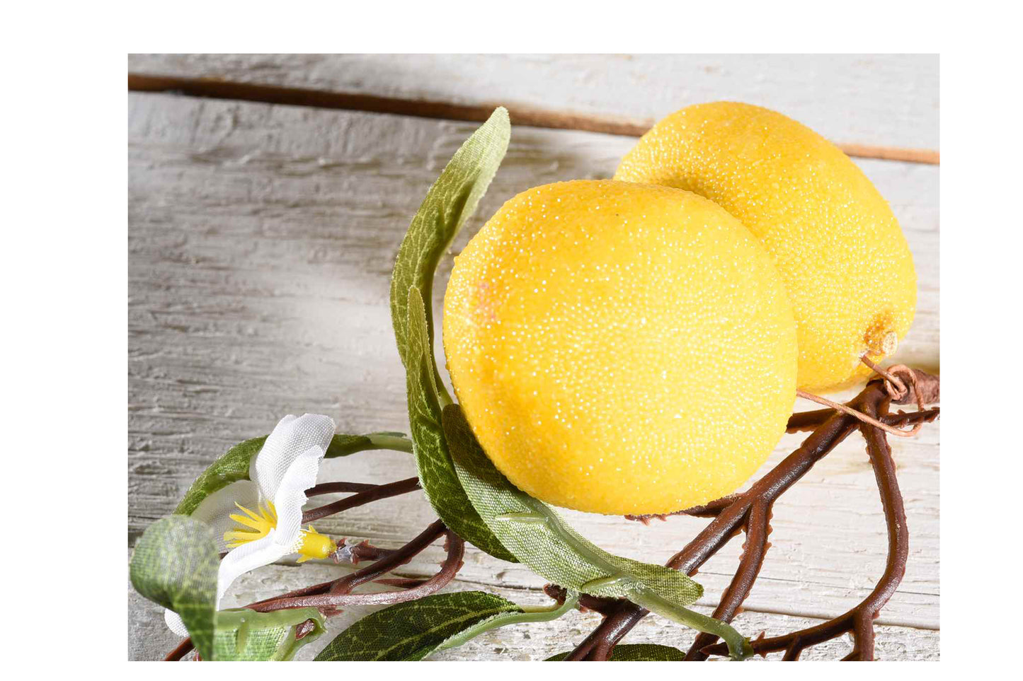 Rametto di limoni artificiali con fiorellini e foglie
Misure: cm 20 (c/gambo 32)
Limone: Ø 5 x 7 H