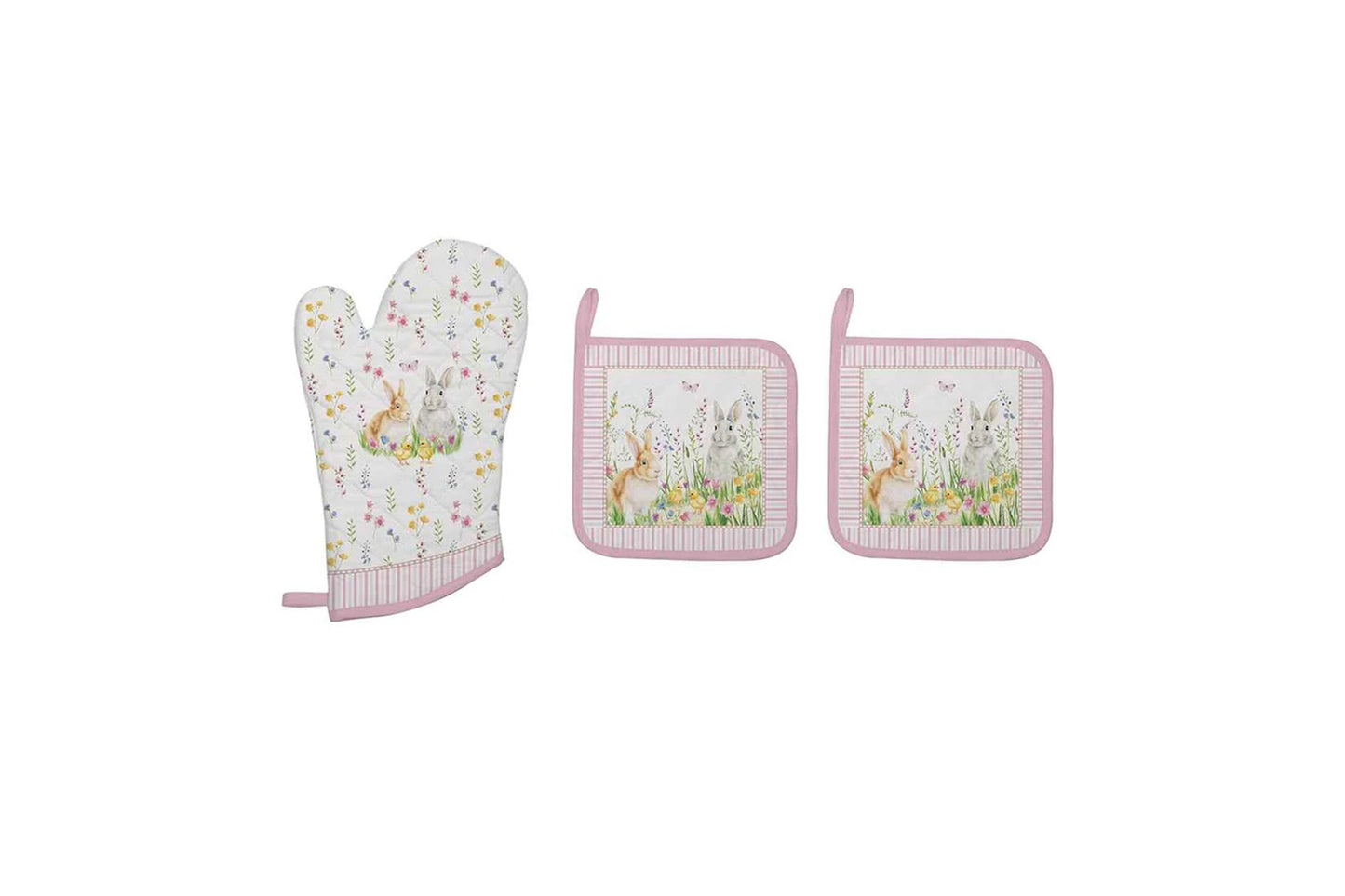 Set tessile da cucina in 100% cotone, guanto 20x30 e due presine 20x20. Collezione Happy Easter di Easy Life.