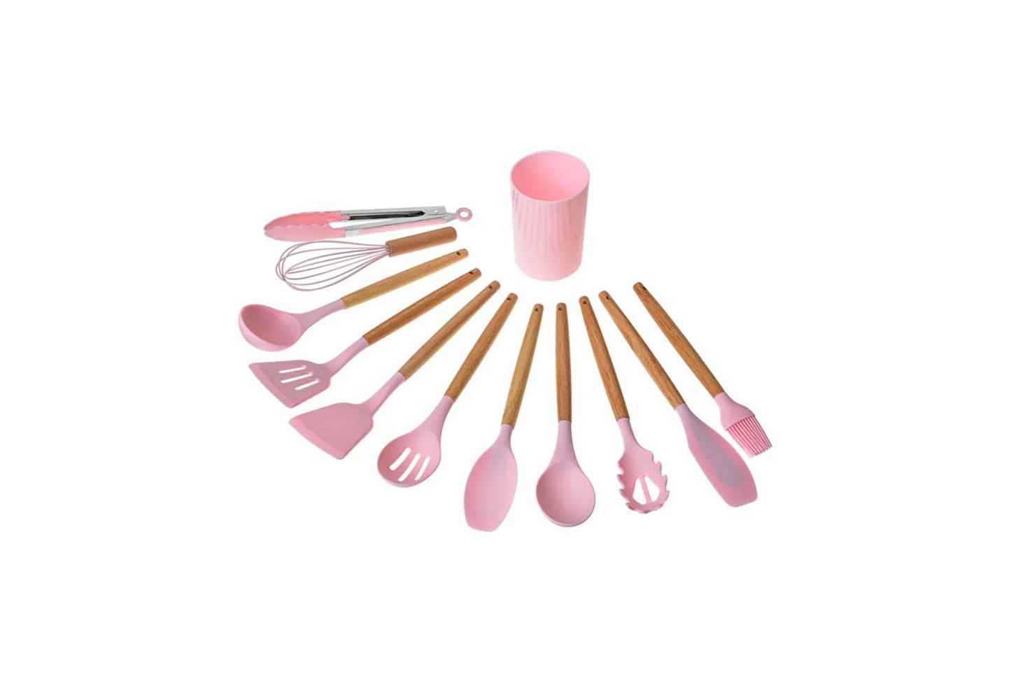 Clayre & Eef Set di utensili da cucina da 12 pezzi con organizzatore Ø 8x32 cm Rosa Silicone