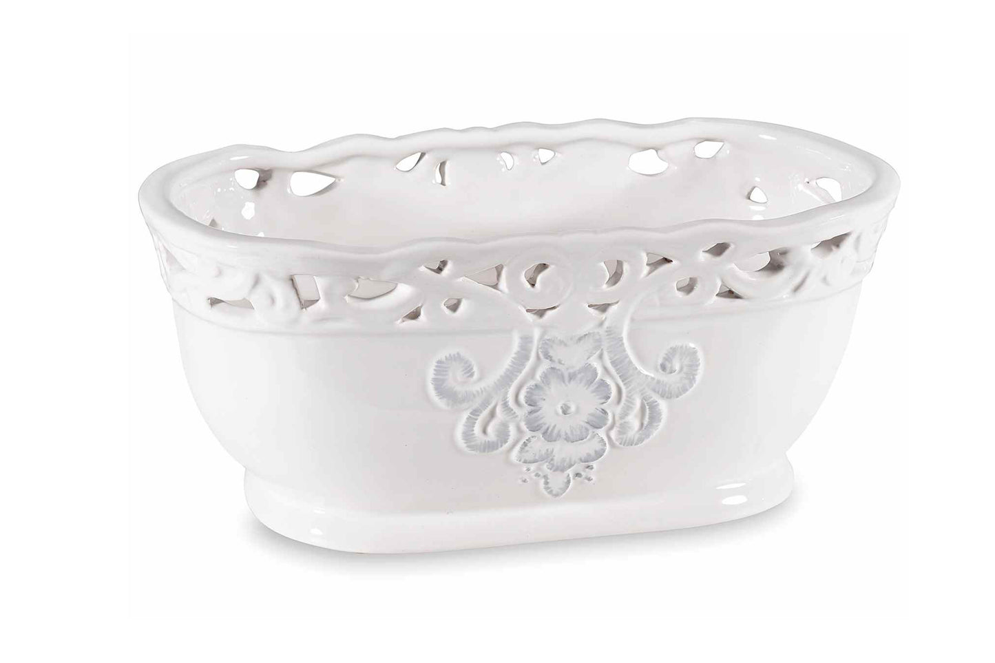 Vaso ovale in ceramica lucida con bordo decorato e rilievo.
Misure: cm 24 x 13 x 10,5 H
Base: 16,5 x 8,5 cm