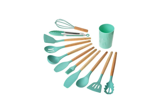 Clayre & Eef Set di utensili da cucina da 12 pezzi con organizzatore Ø 8x32 cm Verde Silicone