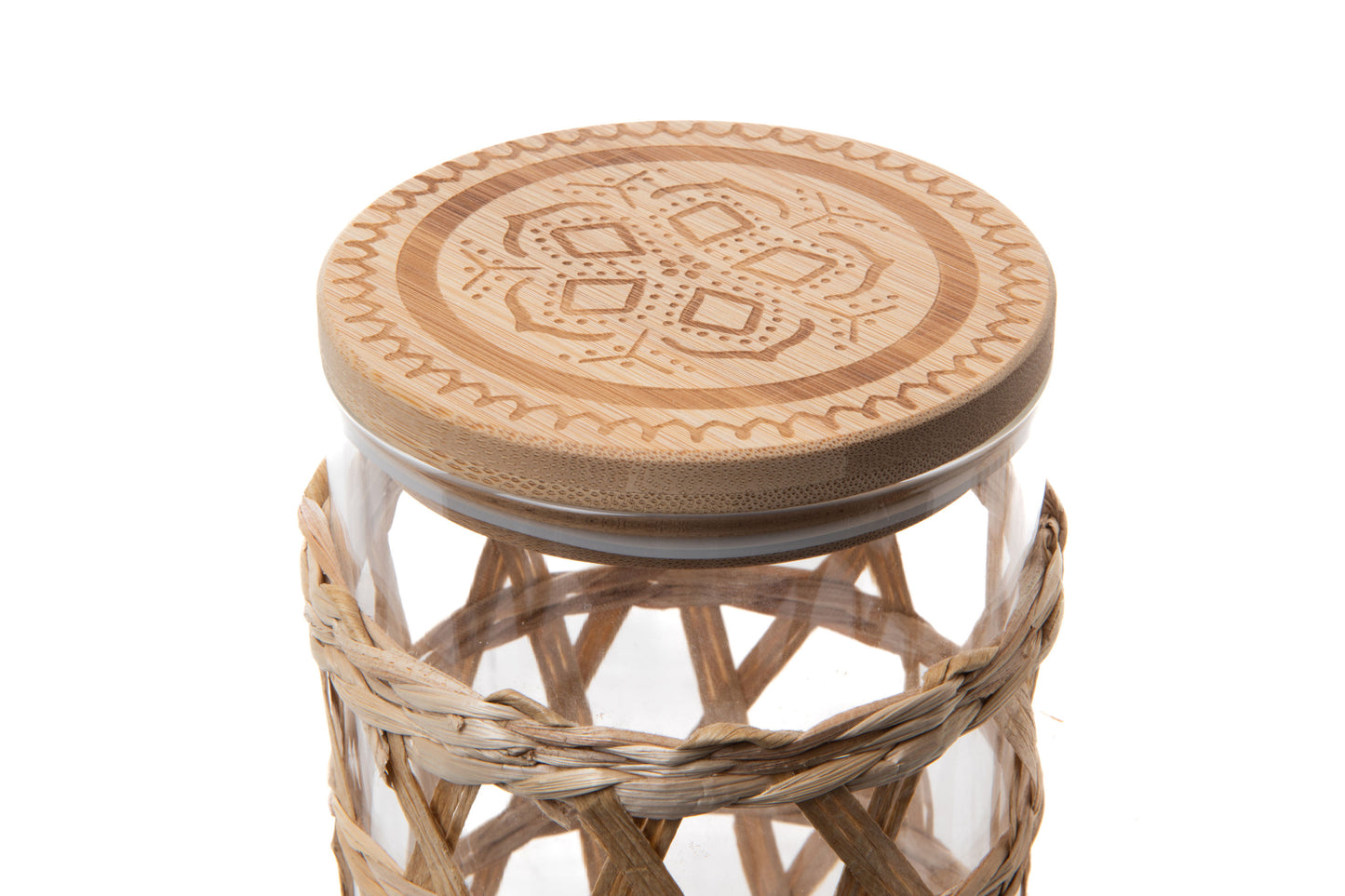 Barattolo in vetro con tappo in legno e chiusura ermetica con dettagli in rafia di Amadeus (H:: 18 / L:: 10 / P:: 10)