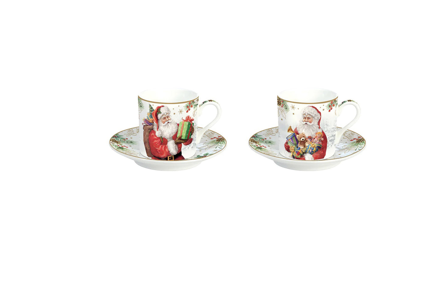 Set due tazzine da caffè con piattino in porcellana con scatola regalo. Capacità 75 ml. Linea Santa is coming di Easy Life