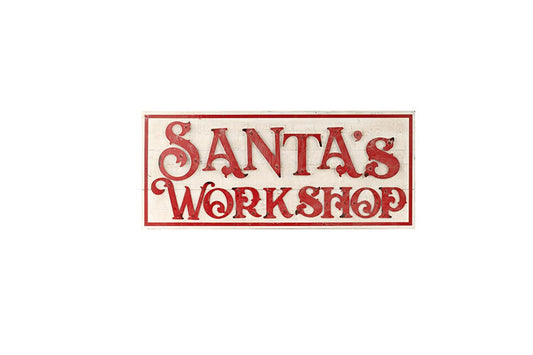 Targa natalizia " Santa's workshop" con base in legno e scritta in rilievo in metallo. Misura 70x30