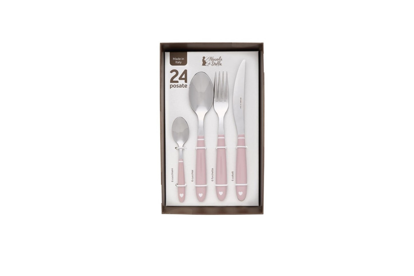 Set posate da 24 pezzi della collezione Demetra Rosa di Nuvole di Stoffa. Posate in acciaio inox con manico in melamina.
Nella confezione troverai 6 cucchiai, 6 forchette, 6 coltelli e 6 cucchiaini