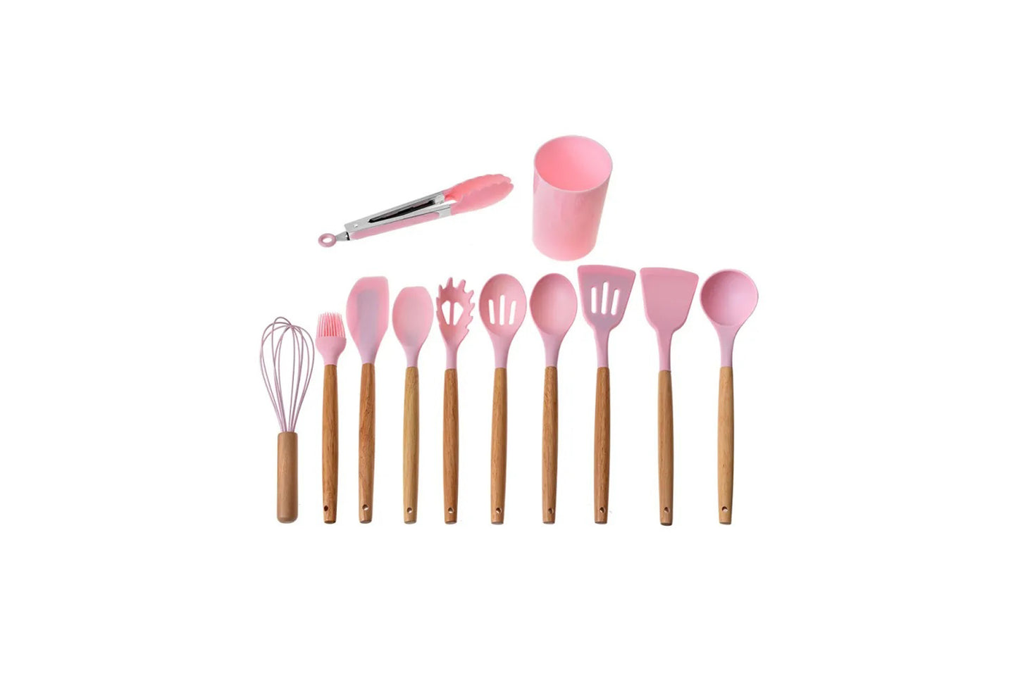 Clayre & Eef Set di utensili da cucina da 12 pezzi con organizzatore Ø 8x32 cm Rosa Silicone