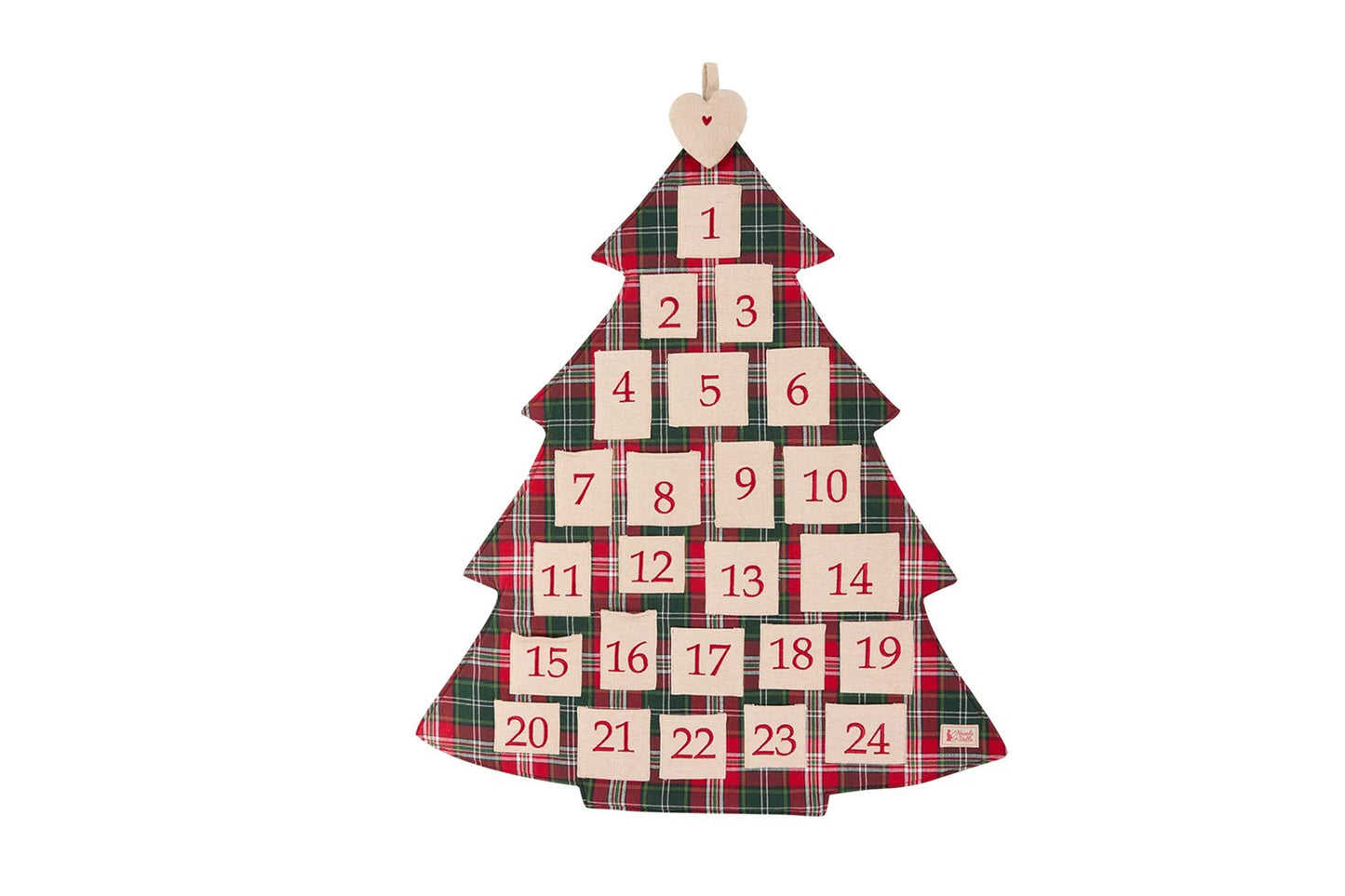 Calendario dell'avvento a forma di albero di natale in tessuto con fantasia tartan e tasche. Misura 36x85 . Nuvole di stoffa