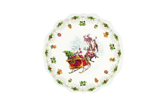 Easy Life Vassoio tondo di natale in porcellana con Babbo natale in slitta vintage "Nostalgic Christmas" D32 cm.