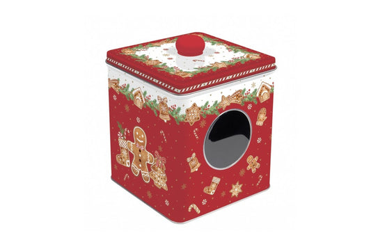 Scatola in latta con finestra della linea FANCY GINGERBREAD di Easy Life.  Misura 13x13x14,5
