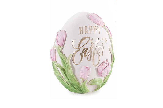 Uovo in resina "Happy Easter" con fiori in rilievo
Misure: Ø 11,5 cm x 15 H