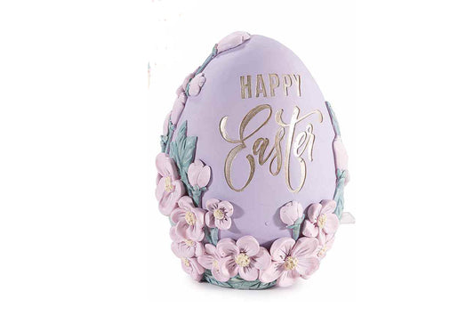 Uovo in resina "Happy Easter" con fiori in rilievo
Misure: Ø 11,5 cm x 15 H