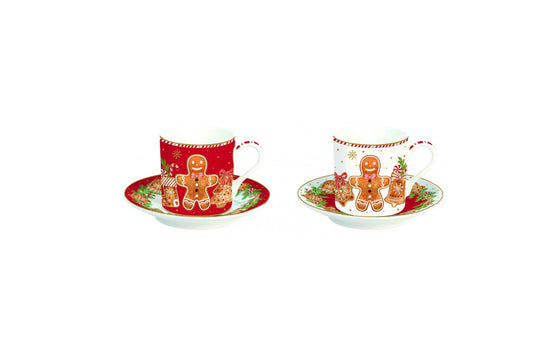 Set due tazzine da caffè con piattini in porcellana 75 ml con scatola regalo della linea FANCY GINGERBREAD di Easy Life