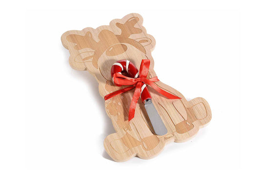 Set tagliere in legno a  forma di renna con coltellino. Misura cm 17 x 26 H