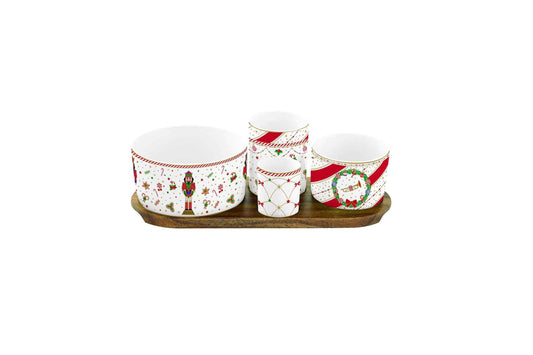 Easy Life Set aperitivo di natale con base in  acacia e 4 ciotole in porcellana con schiaccianoci della linea "Nutcracker Twist".