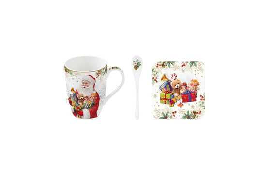 Mug in porcellana con cucchiaino e sottotazza in sughero. Cpacità 350 ml. Linea Santa is coming di Easy Life