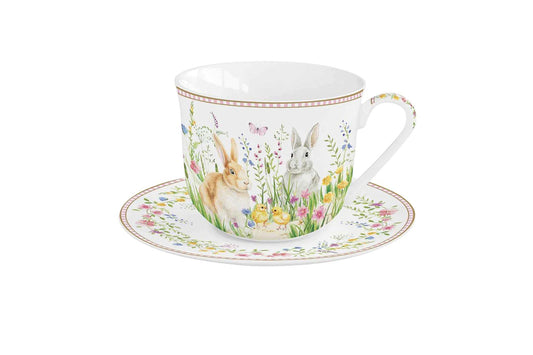 Tazza colazione con piatto in porcellana in colour box, 370 ml. Collezione Happy Easter di Easy Life.