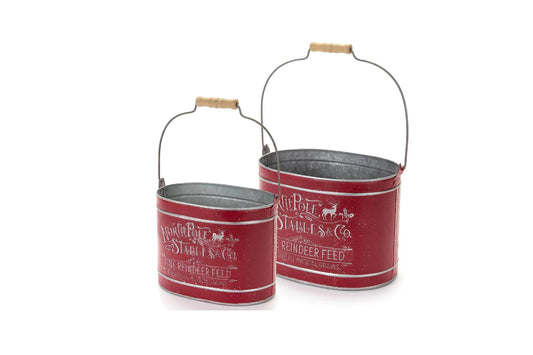 Set due decorazioni di natale, contenitori in metallo rosso anticato con manico "North Pole" Shabby Chic, Vintage, retrò. Misure 24x16,5x18  e  28x20x21 cm.