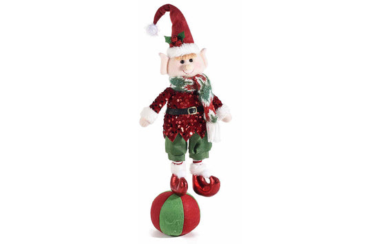 Elfo di natale con abito in pailletes su palla in stoffa. cm 15x10x55 H Gamba e cappello modellabili