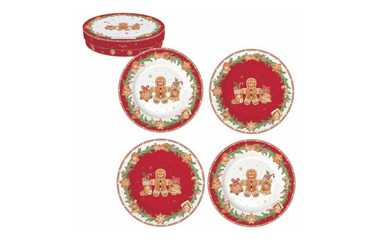 Set quattro piatti dessert in porcellana con scatola regalo. Linea FANCY GINGERBREAD di Easy Life.