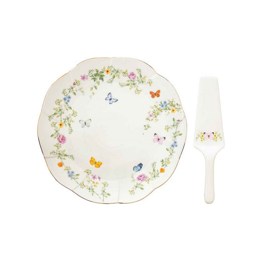 Easy Life  Piatto torta con paletta diametro 32 cm in porcellana in gift box Dancing Butterflies
