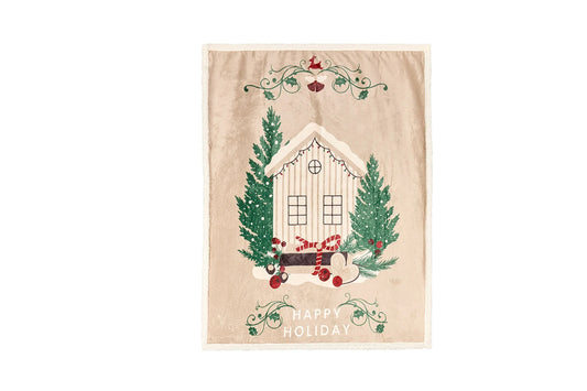 Plaid natalizio beige in  pile  con casetta e alberi natalizi 130x160
