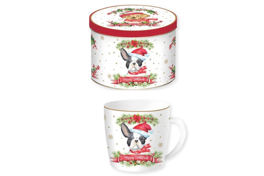 Tazza in porcellana in scatola di latta della collezione " Christmas dog" di Easy Life