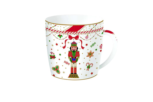 Easy Life Tazza per colazione di natale in porcellana con schiaccianoci e scatola di latta vintage  della linea "Nutcracker Twist" 350 ml.