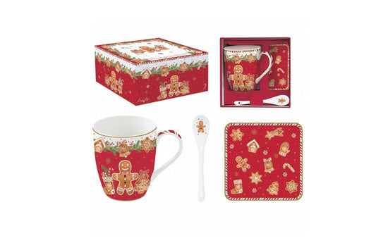 Set mug in porcellana da 350 ml con cucchiaino e sottotazza in sughero con scatola regalo. Linea FANCY GINGERBREAD di Easy Life.
